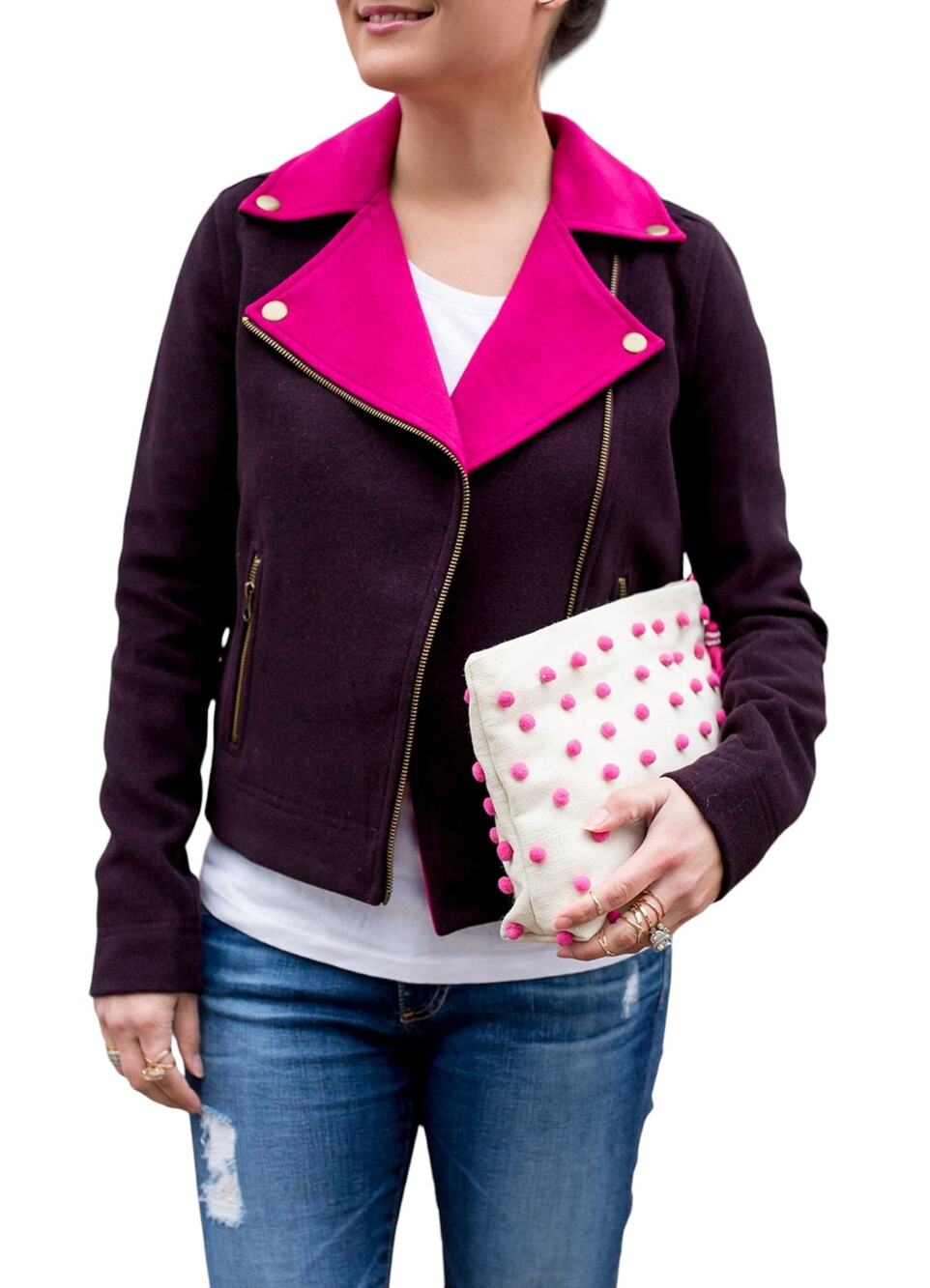 Lilla P Jacket Small Purple Pink Moto Motorcycle Color Block Crop Modern EUC